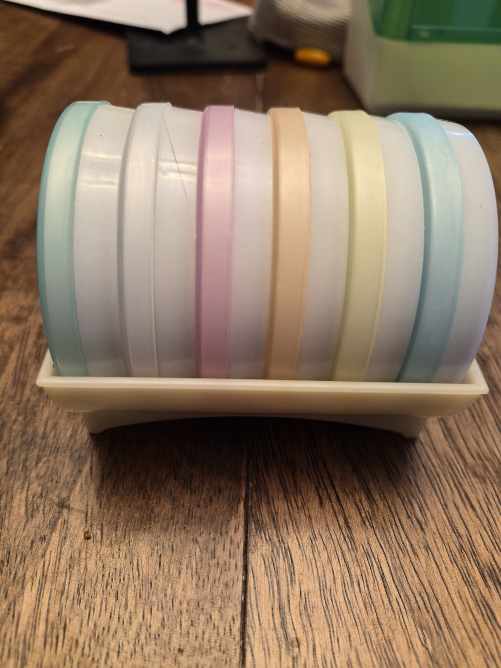 Vintage Pastel Tupperware Coasters And Holder Set, 6 Ttl.